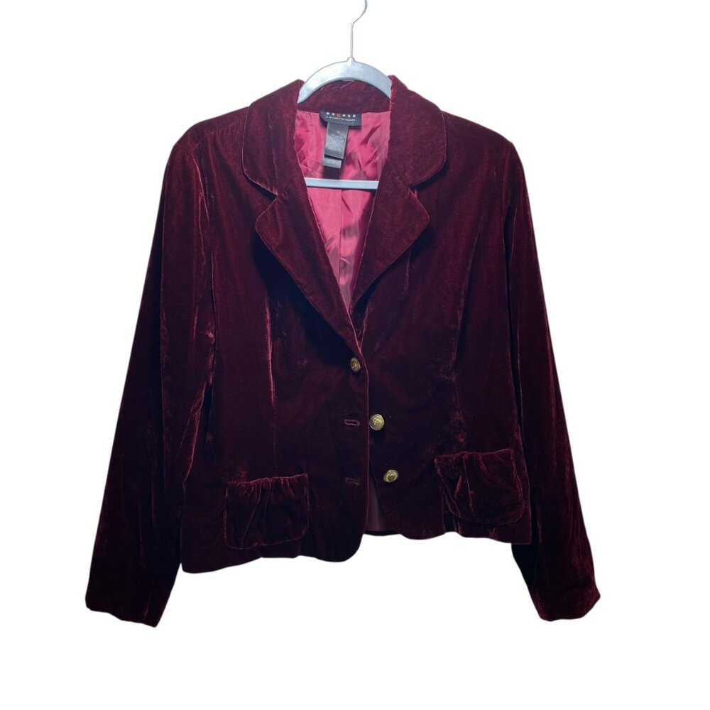 Axcess Velvet Velour Y2K Pockets Holiday Party Blazer Womens 14 Red Gold Button - Picture 2 of 9